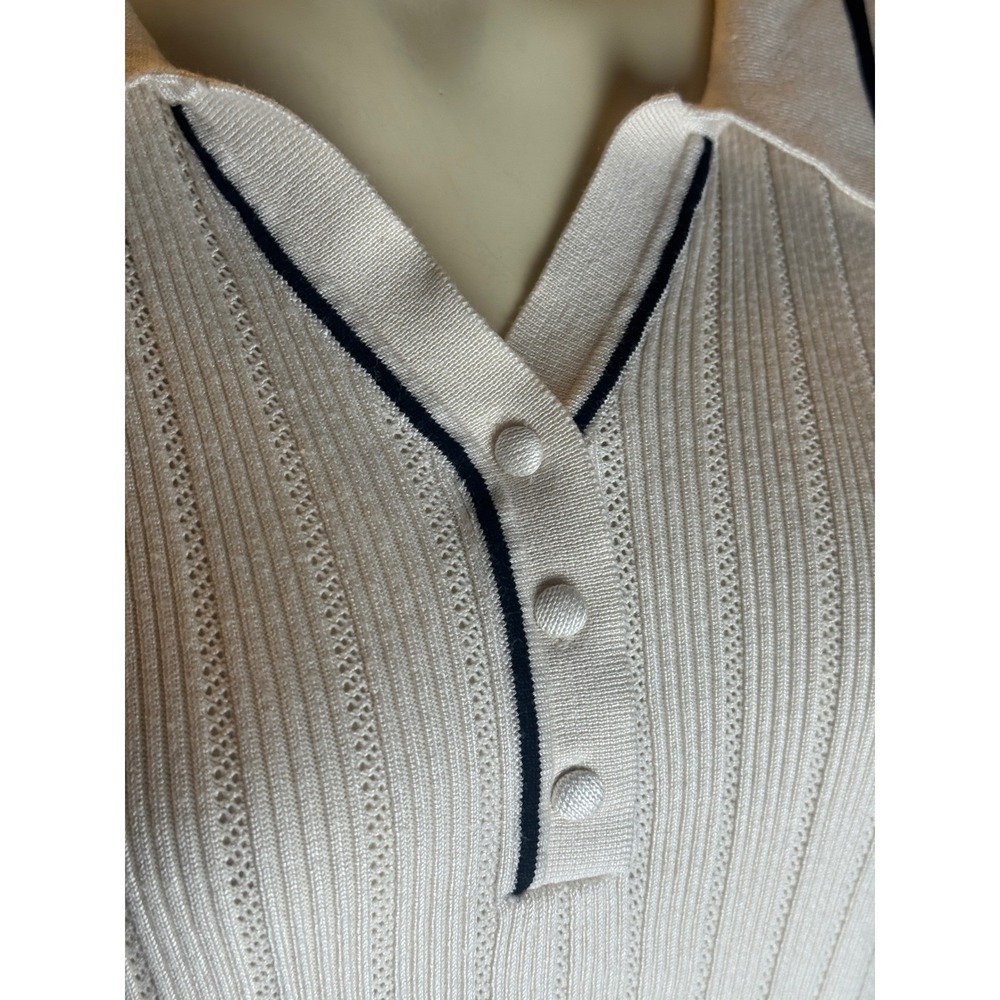 Adrianna Papell Ivory Ribbed Pointelle Knit Polo Top Navy Trim XL AD1S301702 - Picture 3 of 8